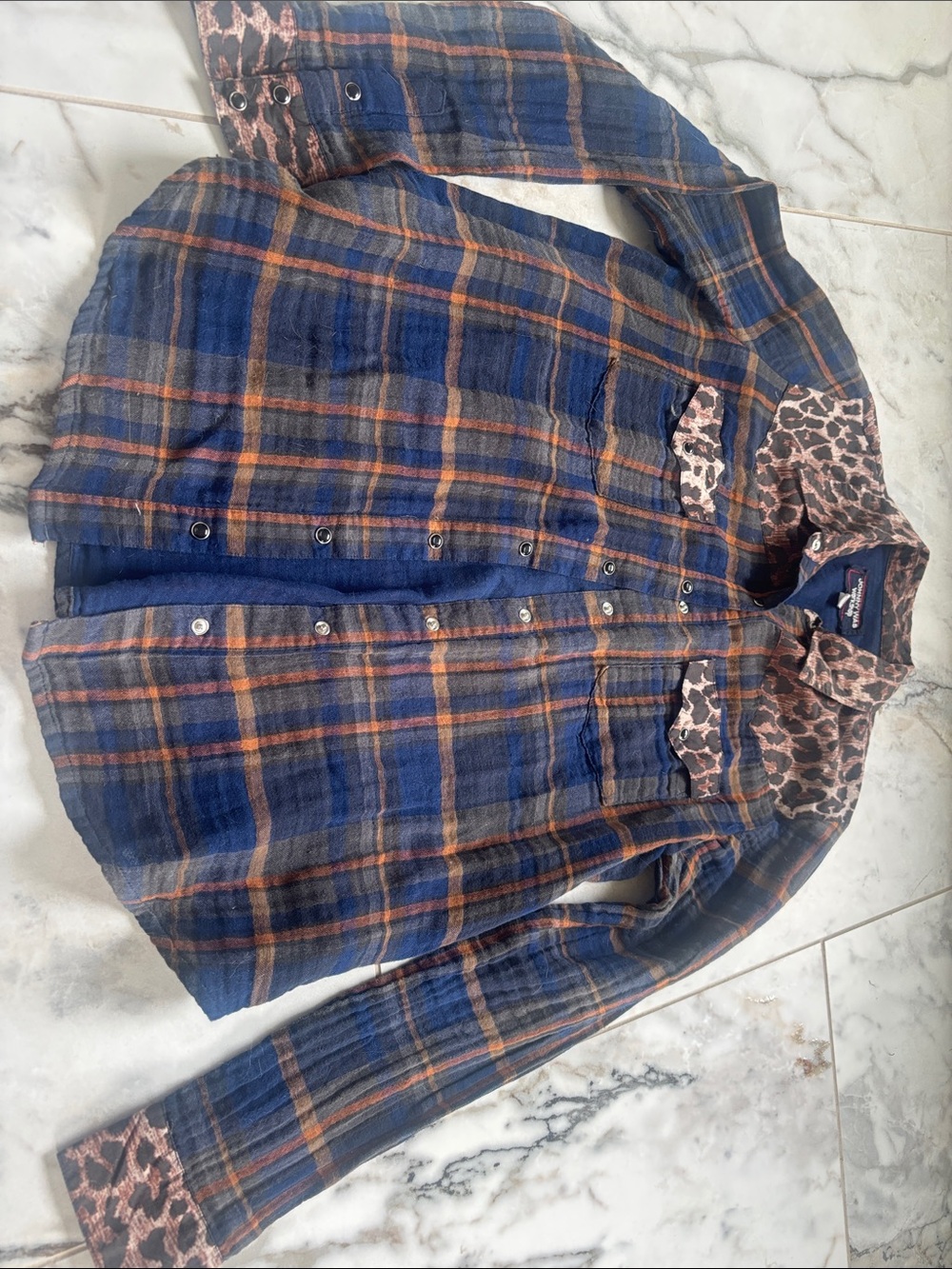 Johnny Was Blue Plaid Button-Up Blouse with Brown Leopard Trim